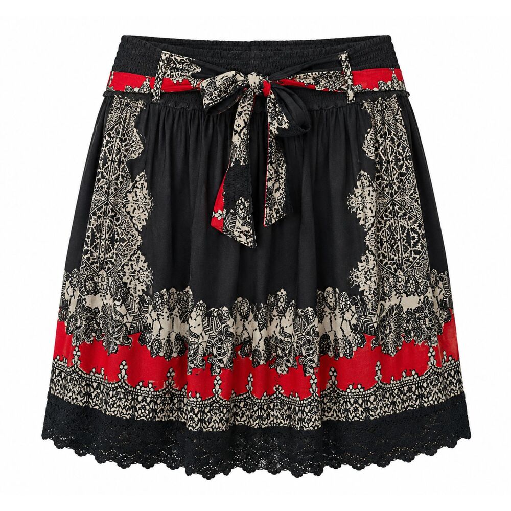 DressBarn Boho Peasant Skirt Black Red Print Lace Hem Women's Large